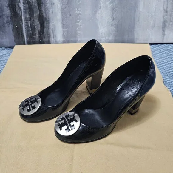 Tory Burch Black Patent Leather Block Heel Pumps with Silver Hardware - Size 6 - Picture 3 of 8
